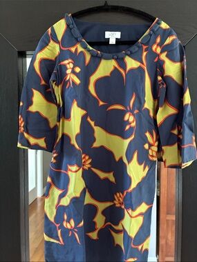 LOFT Navy, Lime & Orange Floral 3/4 Sleeve Sheath Dress, Sz: 0P